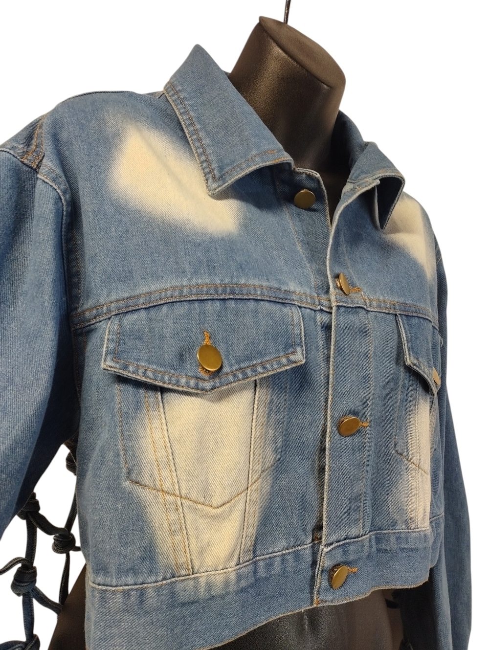 Cropped Bleached Denim Jacket Women's Size M Macrame Lace Up Back Boho Festival - Picture 5 of 10